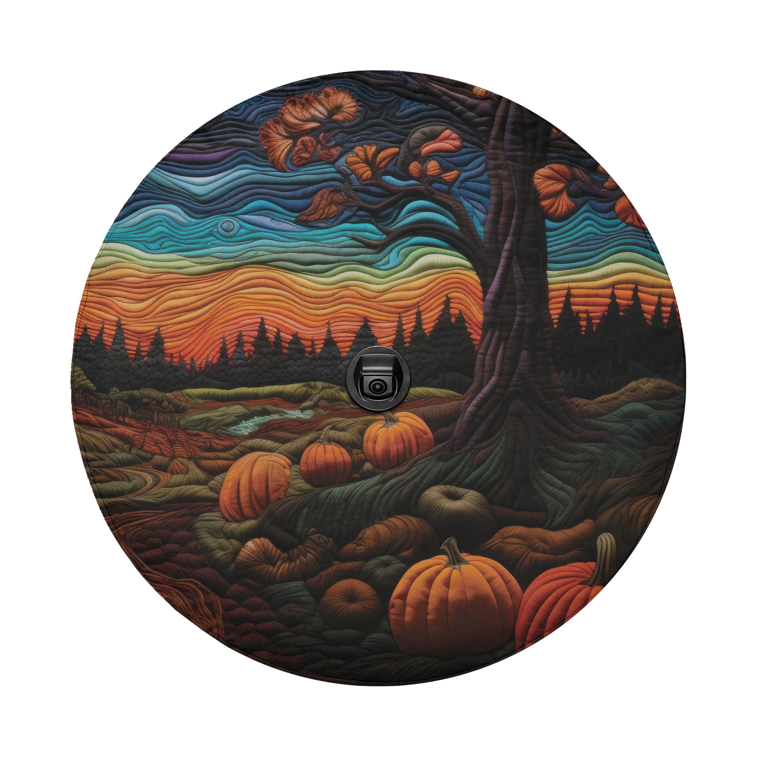 Quilted Halloween pumpkin tire cover elastic edge and grommet closeup for secure spare wheel fit