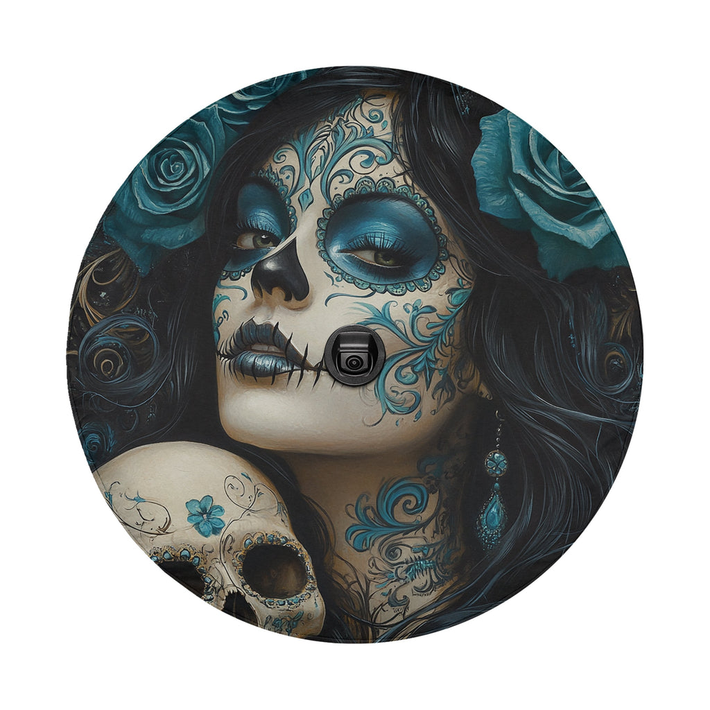 Turquoise sugar skull spare tire cover alternate angle showing full graphic