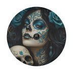 Turquoise sugar skull spare tire cover alternate angle showing full graphic
