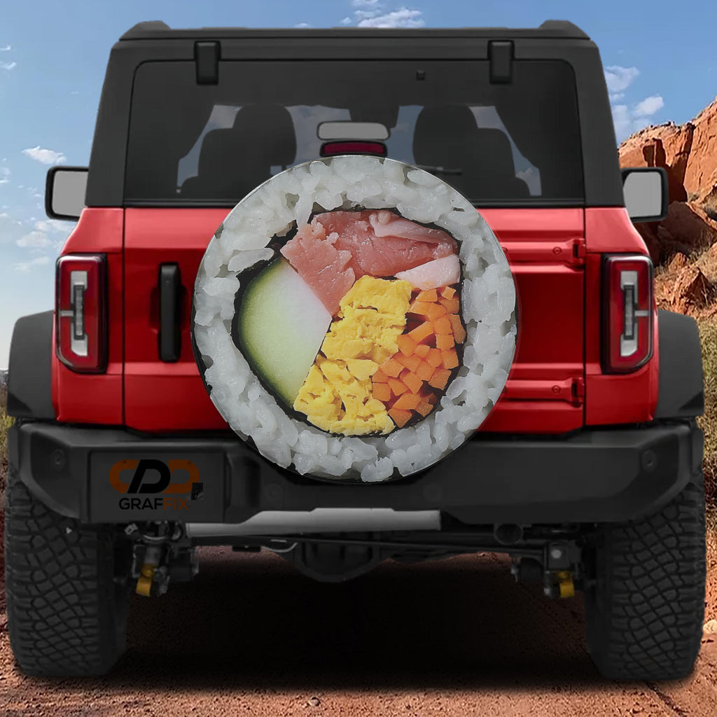 Kimbap sushi roll tire cover mounted on red Jeep Wrangler rear gate Florida home neighborhood shot