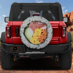 Kimbap sushi roll tire cover mounted on red Jeep Wrangler rear gate Florida home neighborhood shot