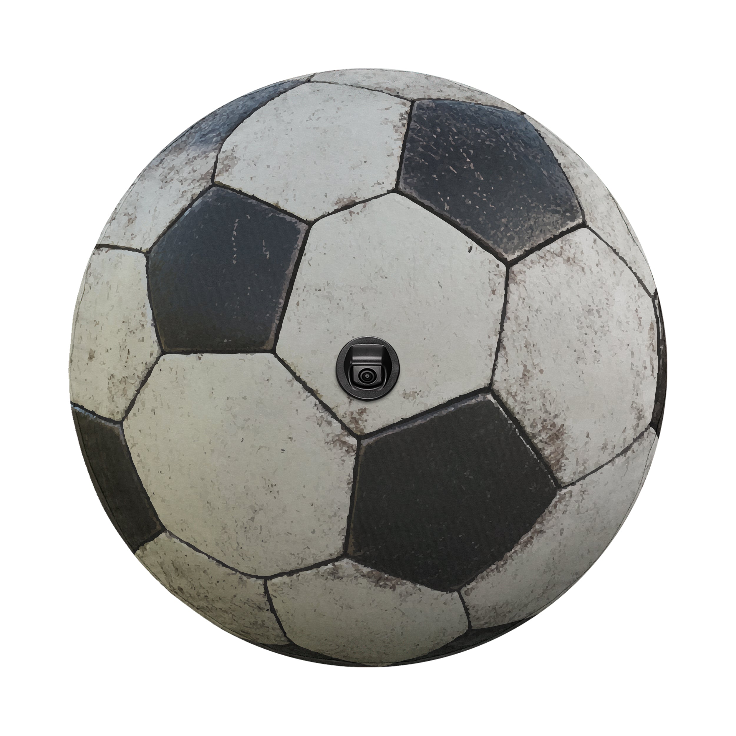 Soccer ball spare tire cover closeup detail of black and white panel printed graphic