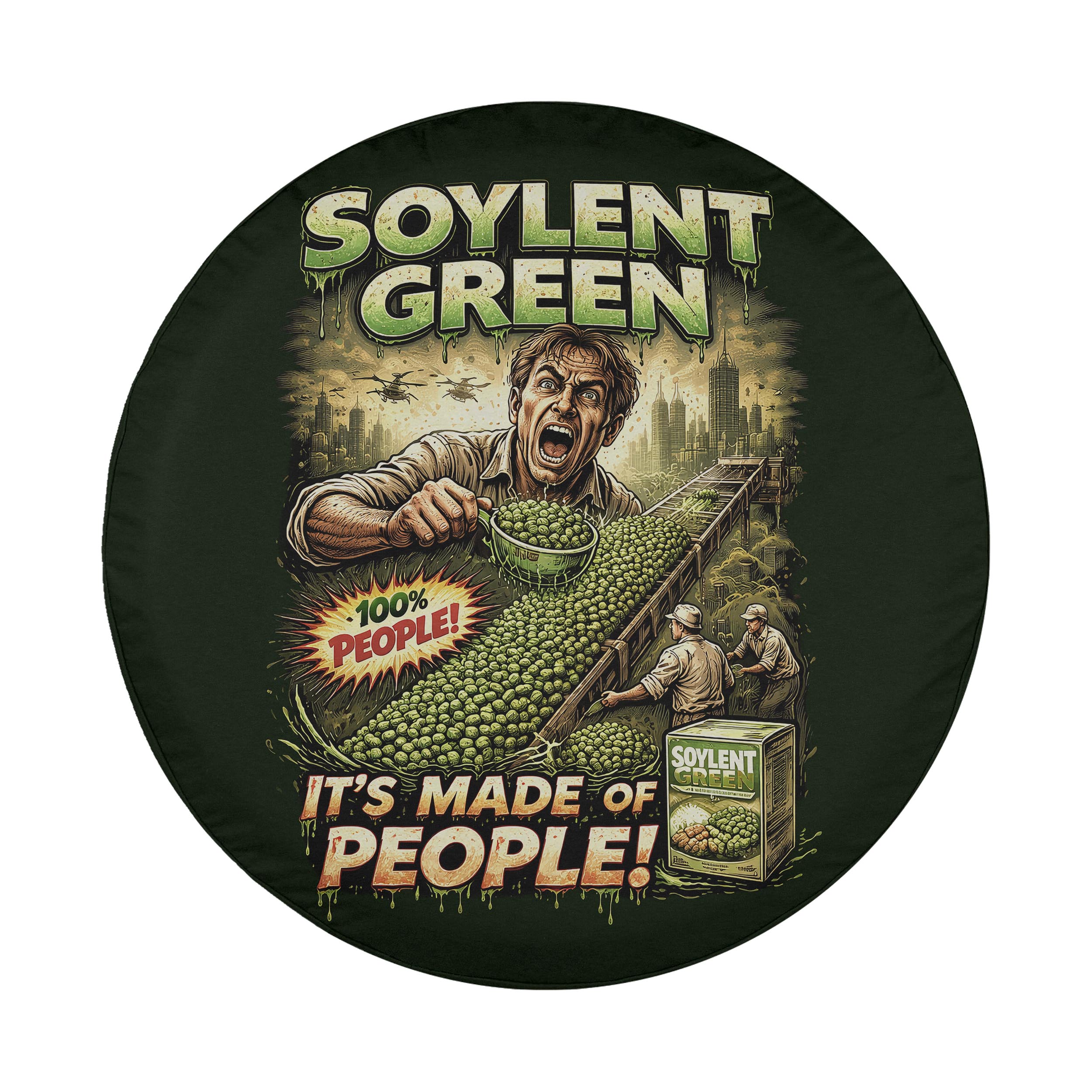 The image is a round sticker with a man in a factory setting, surrounded by green vegetables, and a large amount of soybeans. The sticker has a dark green background and features a man with a surprised expression.