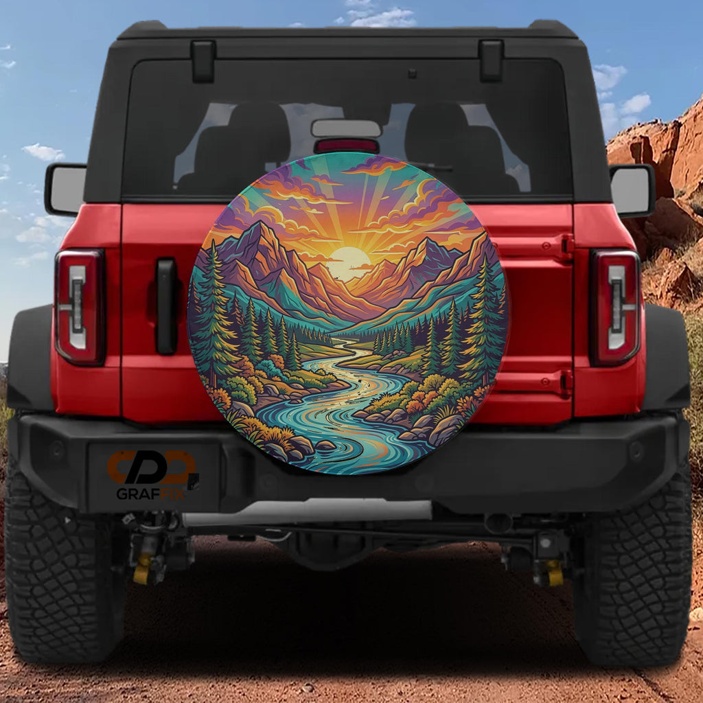 a red Jeep Wrangler with a large, colorful wheel cover depicting a scenic mountain landscape with a winding river.