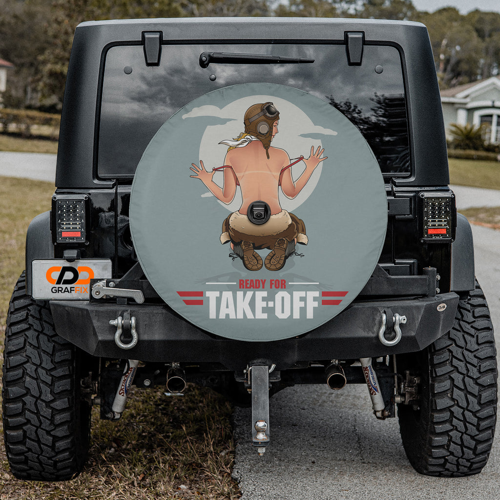 Pin-Up Girl Ready For Take-Off tire cover on black Jeep Wrangler with GRAFFIX plate art