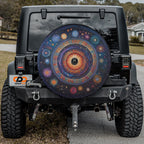 Black Jeep Wrangler with Galaxy Mandala spare tire cover featuring purple cosmic mandala design