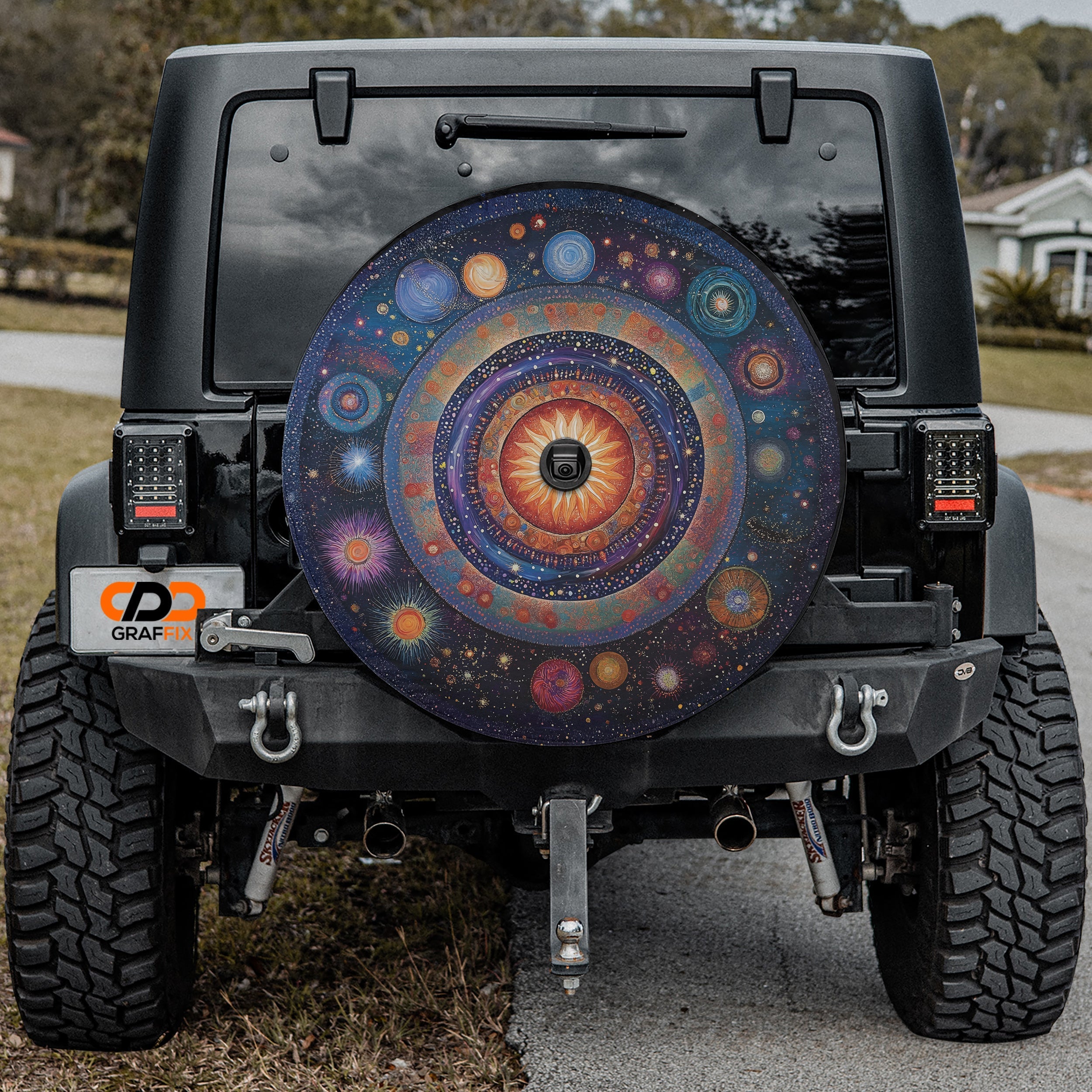 Black Jeep Wrangler with Galaxy Mandala spare tire cover featuring purple cosmic mandala design