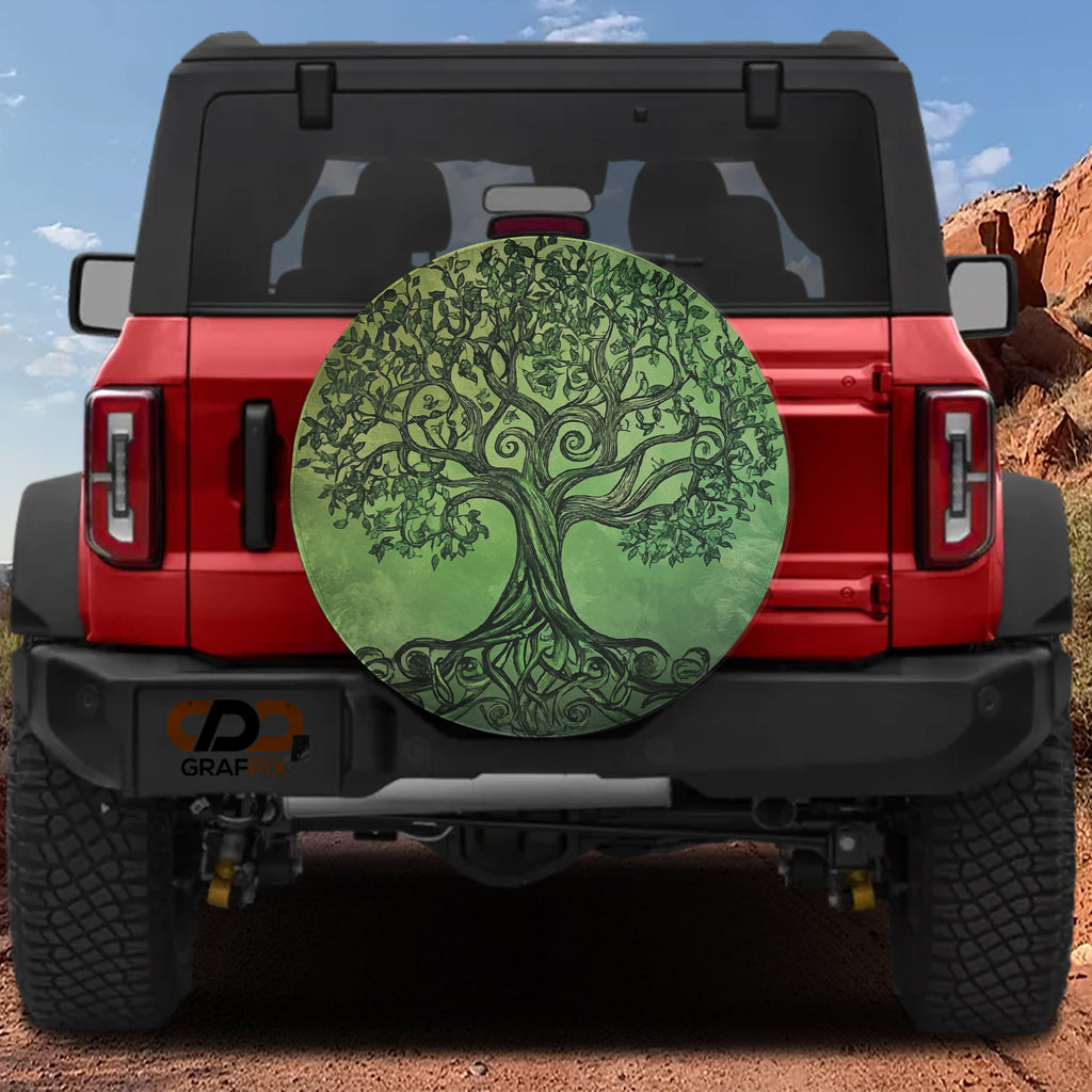 Celtic roots green tree of life spare tire cover with branching roots and ancient knotwork