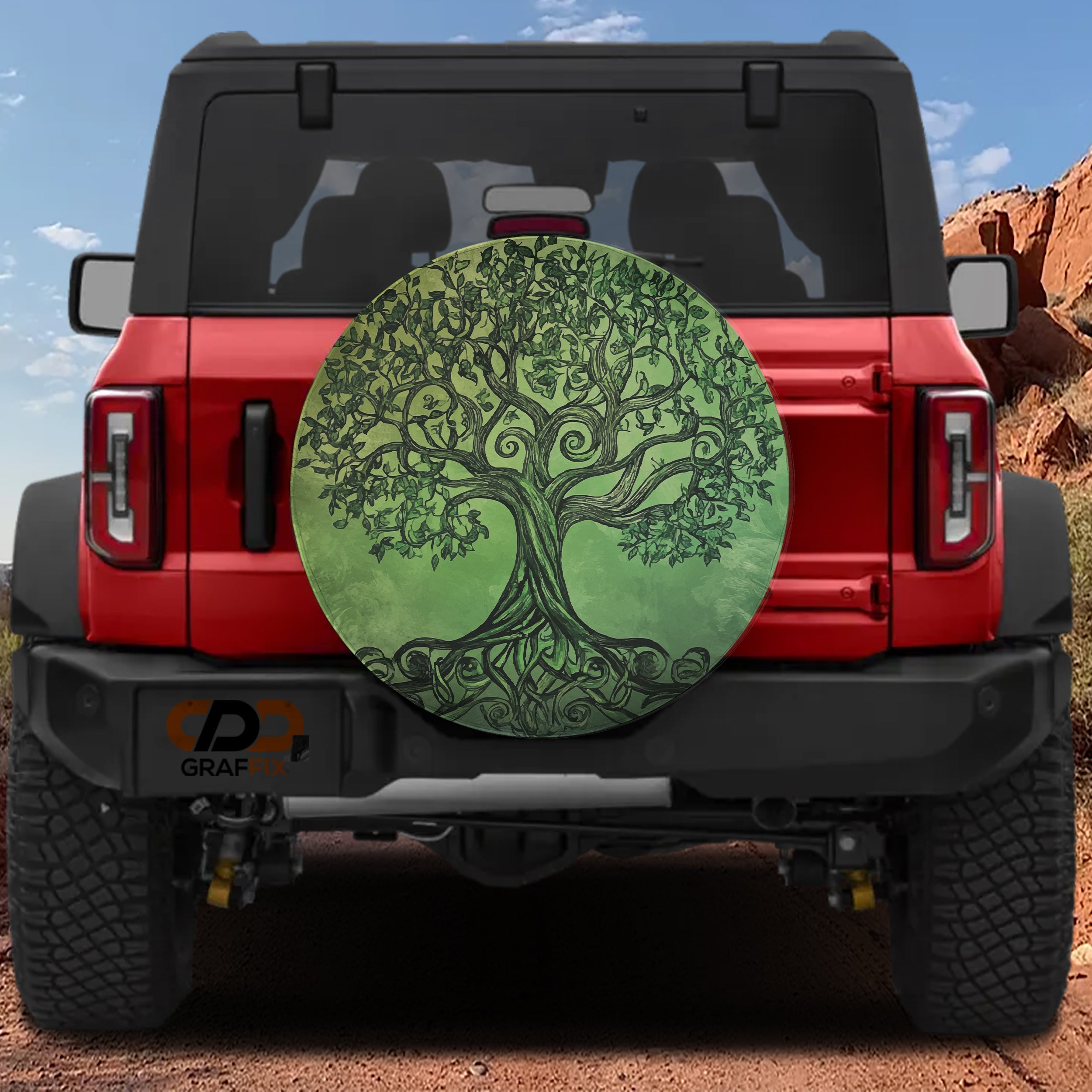 Celtic roots green tree of life spare tire cover with branching roots and ancient knotwork
