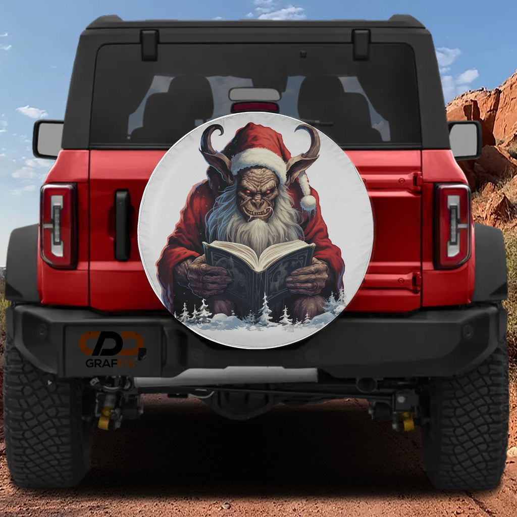 Storytime with Krampus spare tire cover on a red Jeep Wrangler with horned creature reading book
