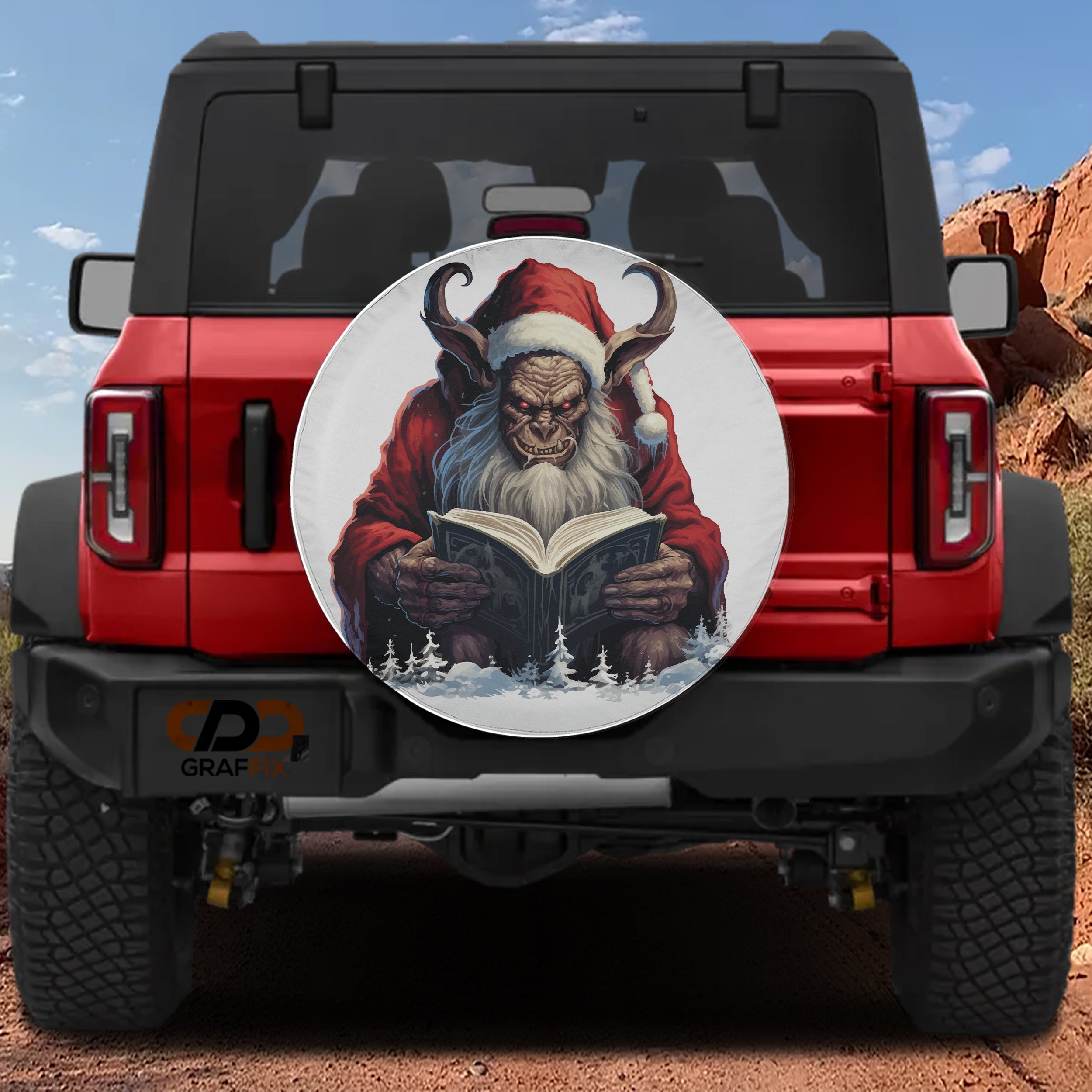Storytime with Krampus spare tire cover on a red Jeep Wrangler with horned creature reading book