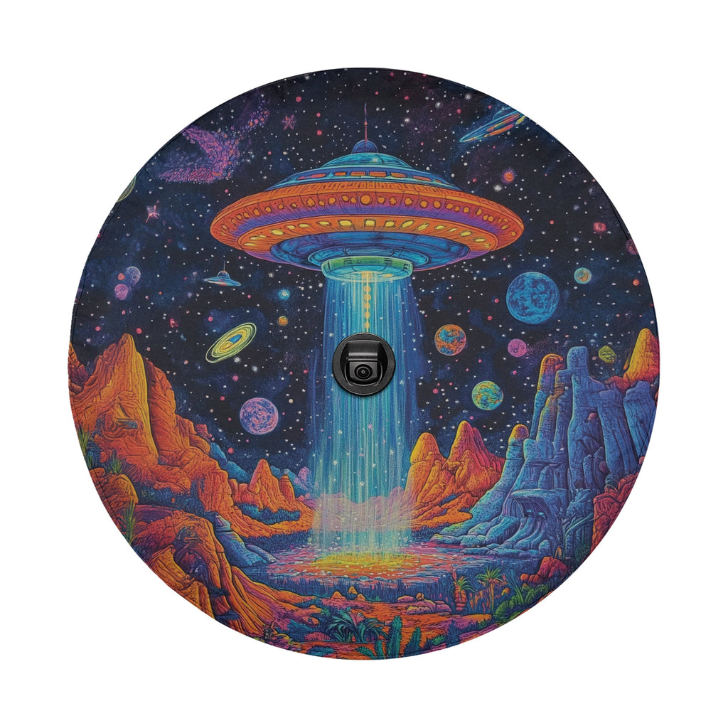 Starport Odyssey UFO spare tire cover round flat view with camera cutout and cosmic art