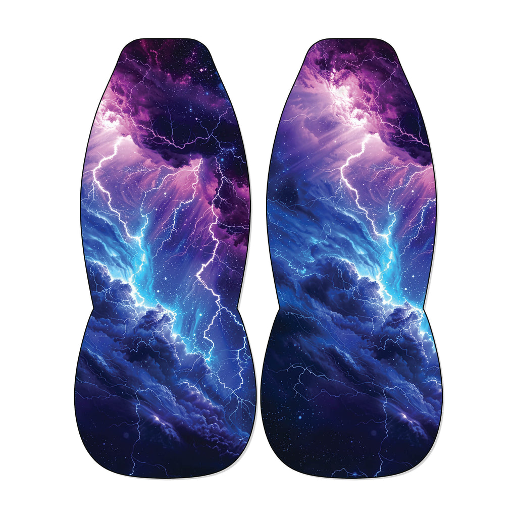 a pair of shoes with a vibrant, cosmic-inspired design. The design showcases a swirling pattern of clouds and lightning, creating a sense of movement and energy. The colors used are predominantly purple, blue, and white, which contribute to the overall cosmic aesthetic. The shoes themselves are white, providing a stark contrast to the colorful cosmic design.