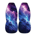 a pair of shoes with a vibrant, cosmic-inspired design. The design showcases a swirling pattern of clouds and lightning, creating a sense of movement and energy. The colors used are predominantly purple, blue, and white, which contribute to the overall cosmic aesthetic. The shoes themselves are white, providing a stark contrast to the colorful cosmic design.