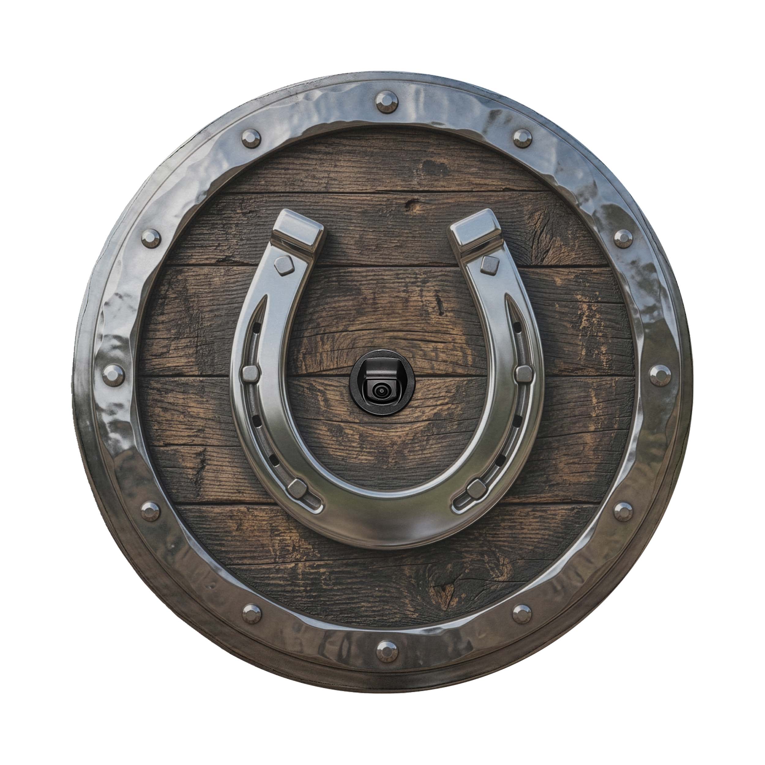A silver horseshoe is mounted on a wooden shield with a metal border.
