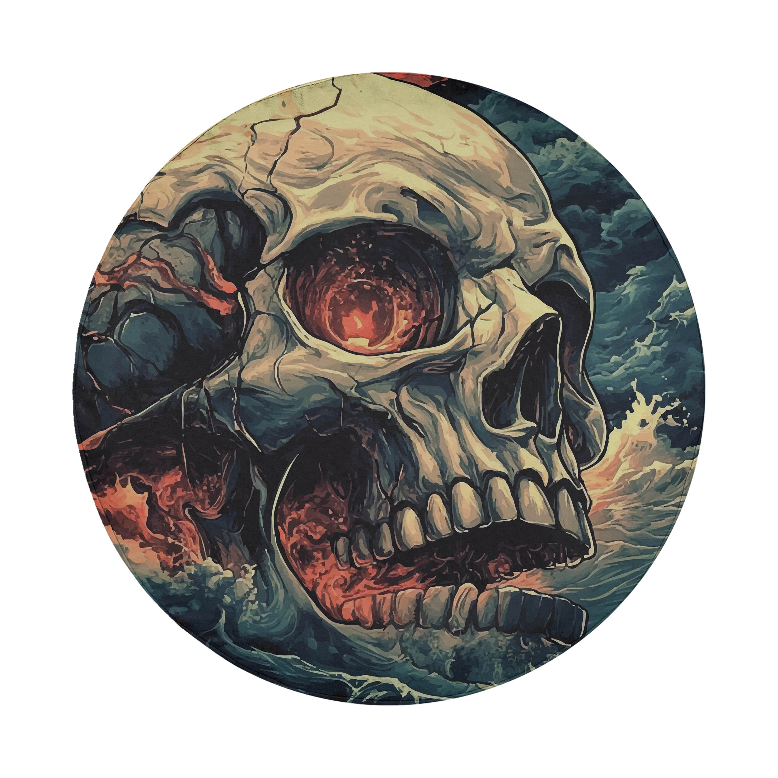 Wave of Damnation spare tire cover round design featuring weathered skull amid rolling sea waves