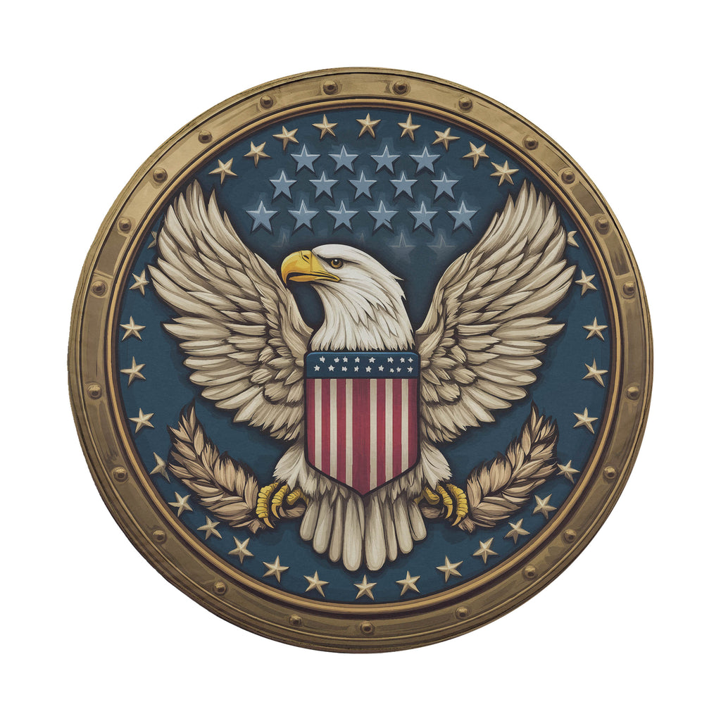 American Freedom Seal spare tire cover flat art with a bald eagle clutching a flag amid stars on a blue circular crest