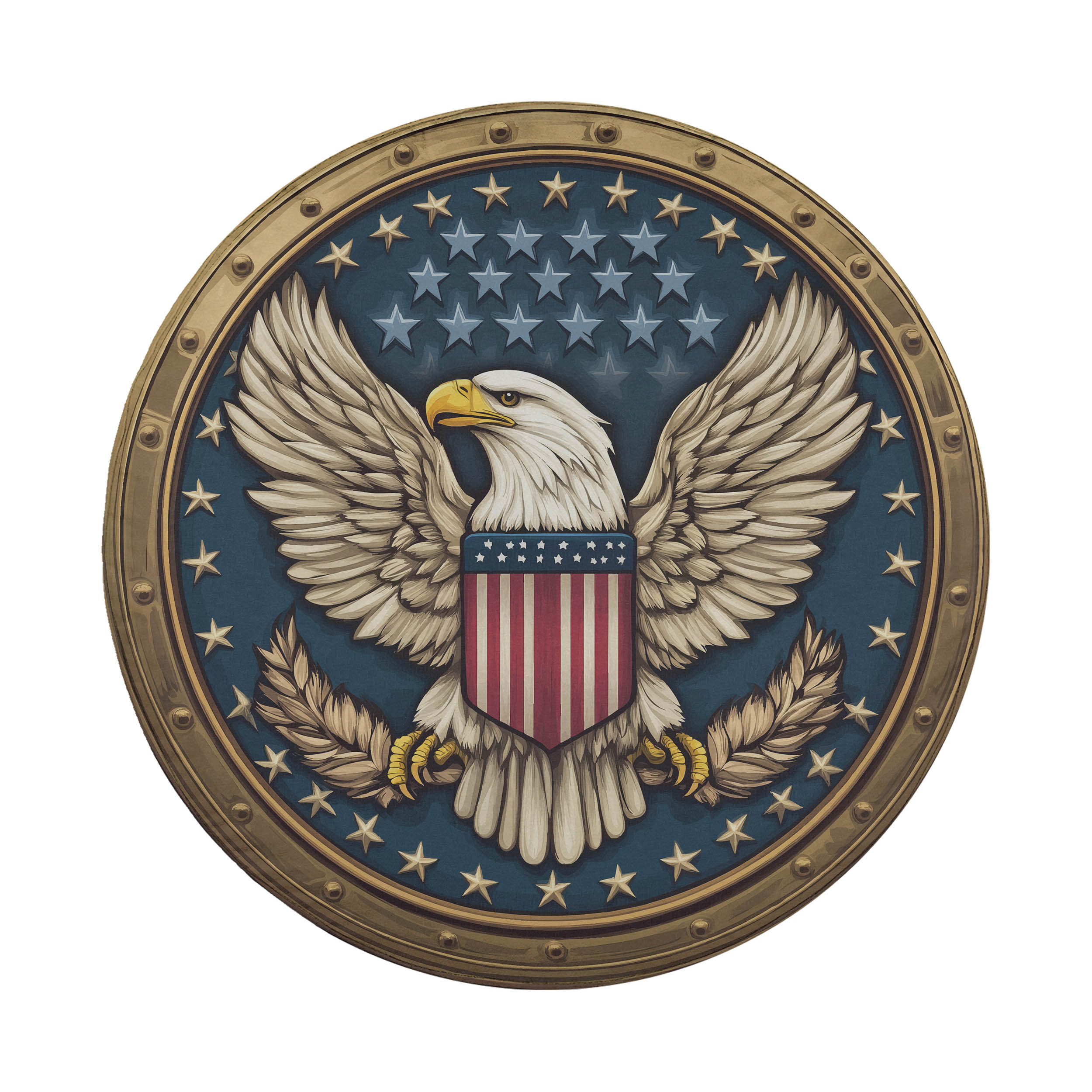 American Freedom Seal spare tire cover flat art with a bald eagle clutching a flag amid stars on a blue circular crest