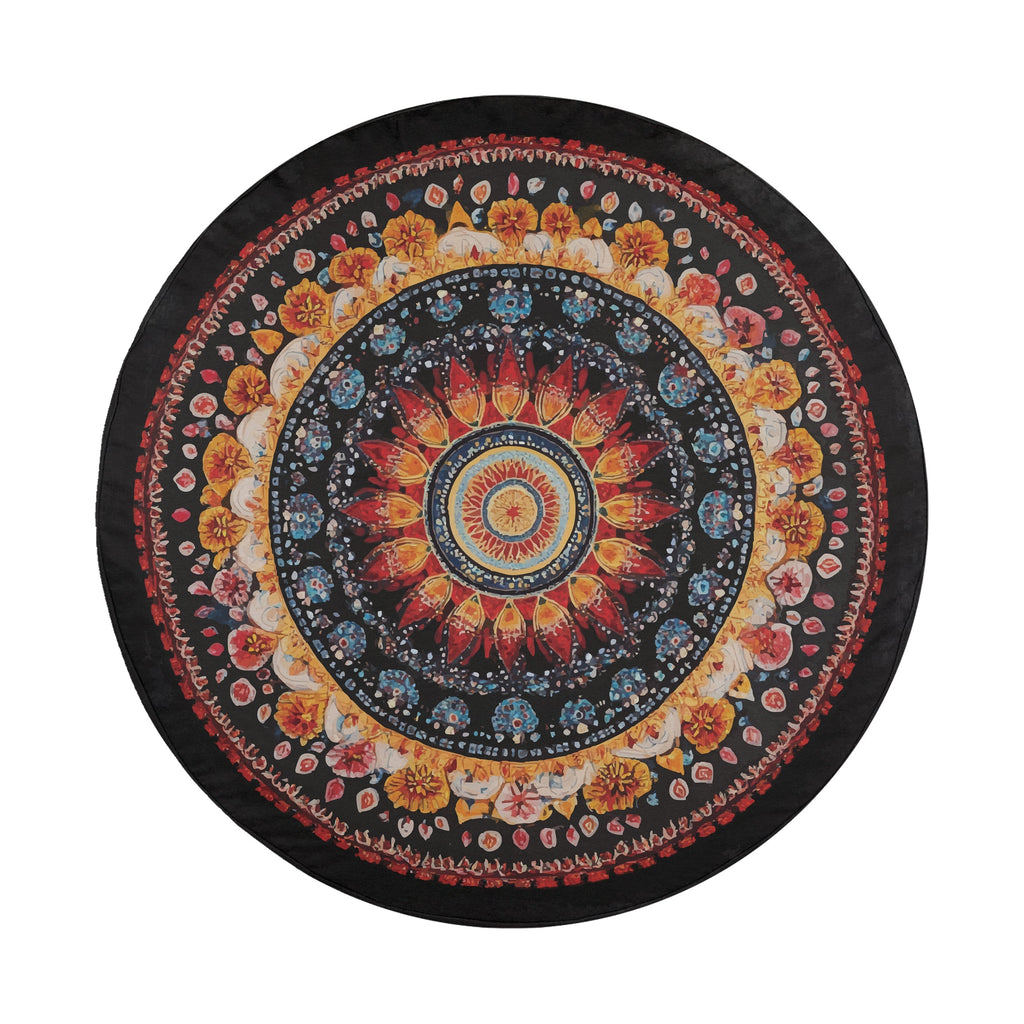 Stitched edge and drawstring closeup of Mandala Wheel spare tire cover fabric edge