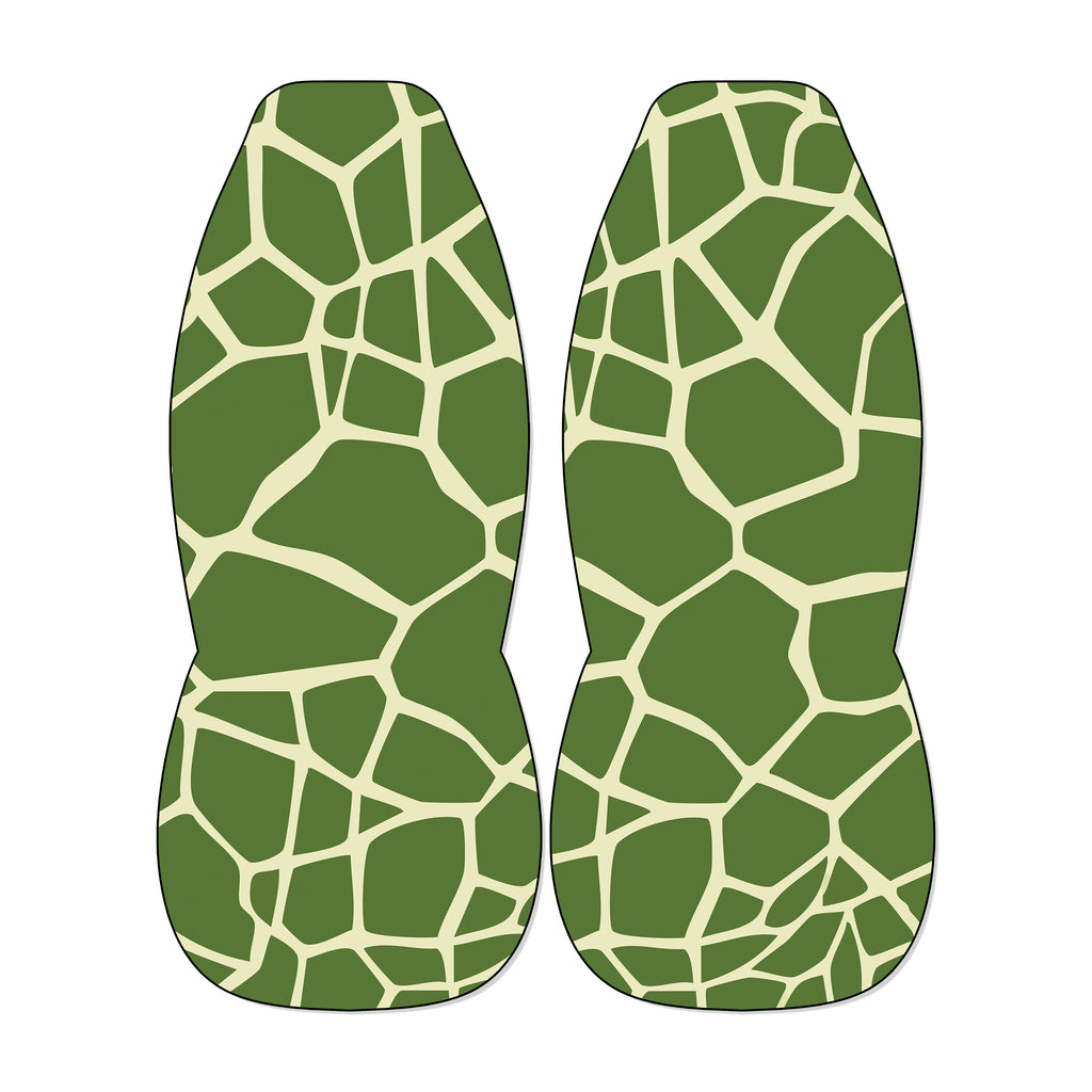 two green and white patterned objects, which appear to be animal-like or geometric shapes, set against a white background.