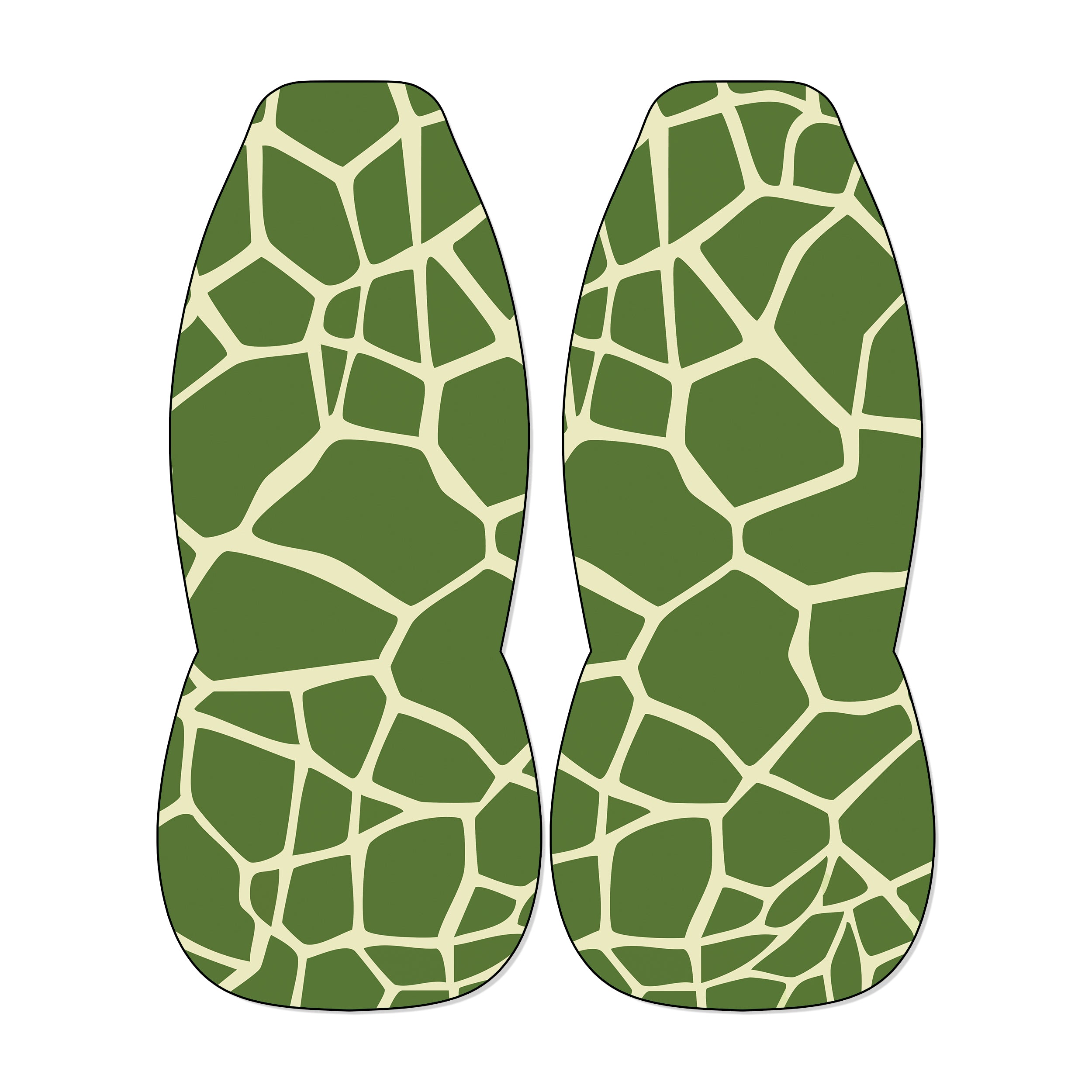 two green and white patterned objects, which appear to be animal-like or geometric shapes, set against a white background.