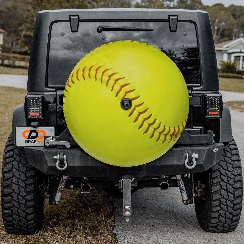 Yellow softball spare tire cover flat product view in yellow with red lace stitching detail