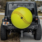 Yellow softball spare tire cover flat product view in yellow with red lace stitching detail