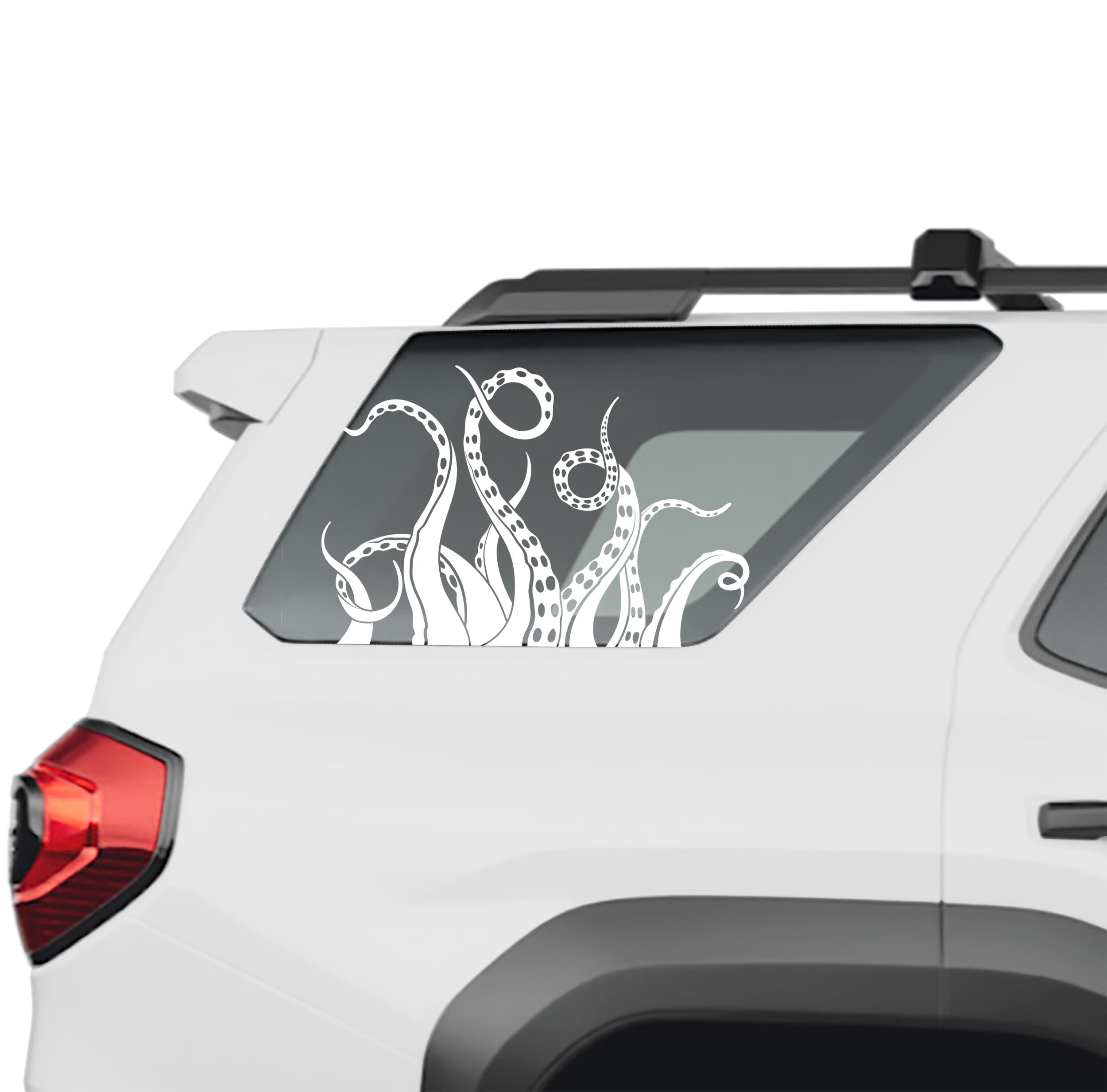 Kraken octopus tentacle rear quarter window vinyl decal in white on a 2025 Toyota 4Runner