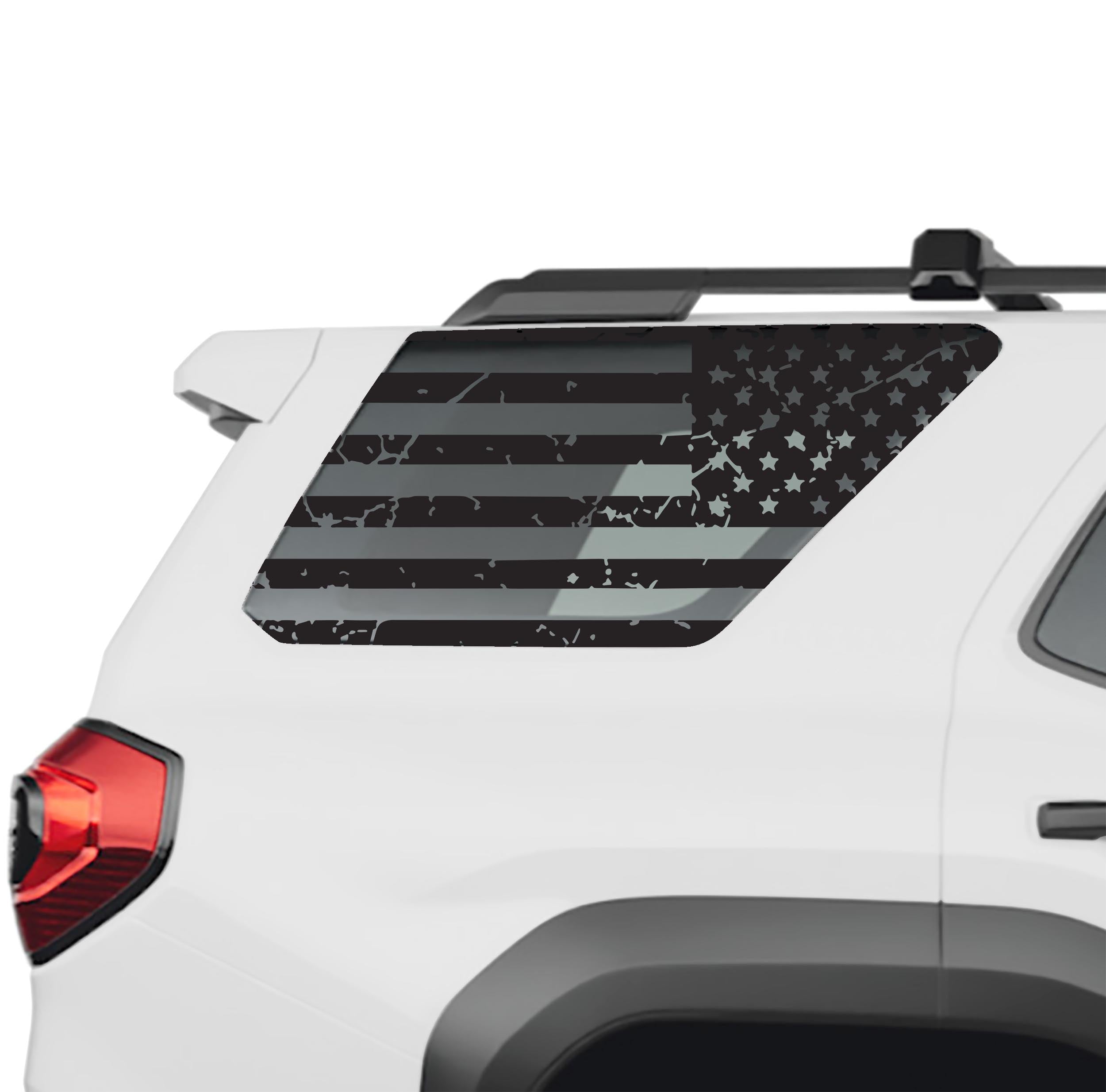 Tattered American flag rear quarter window vinyl decal in black on a 2025 Toyota 4Runner