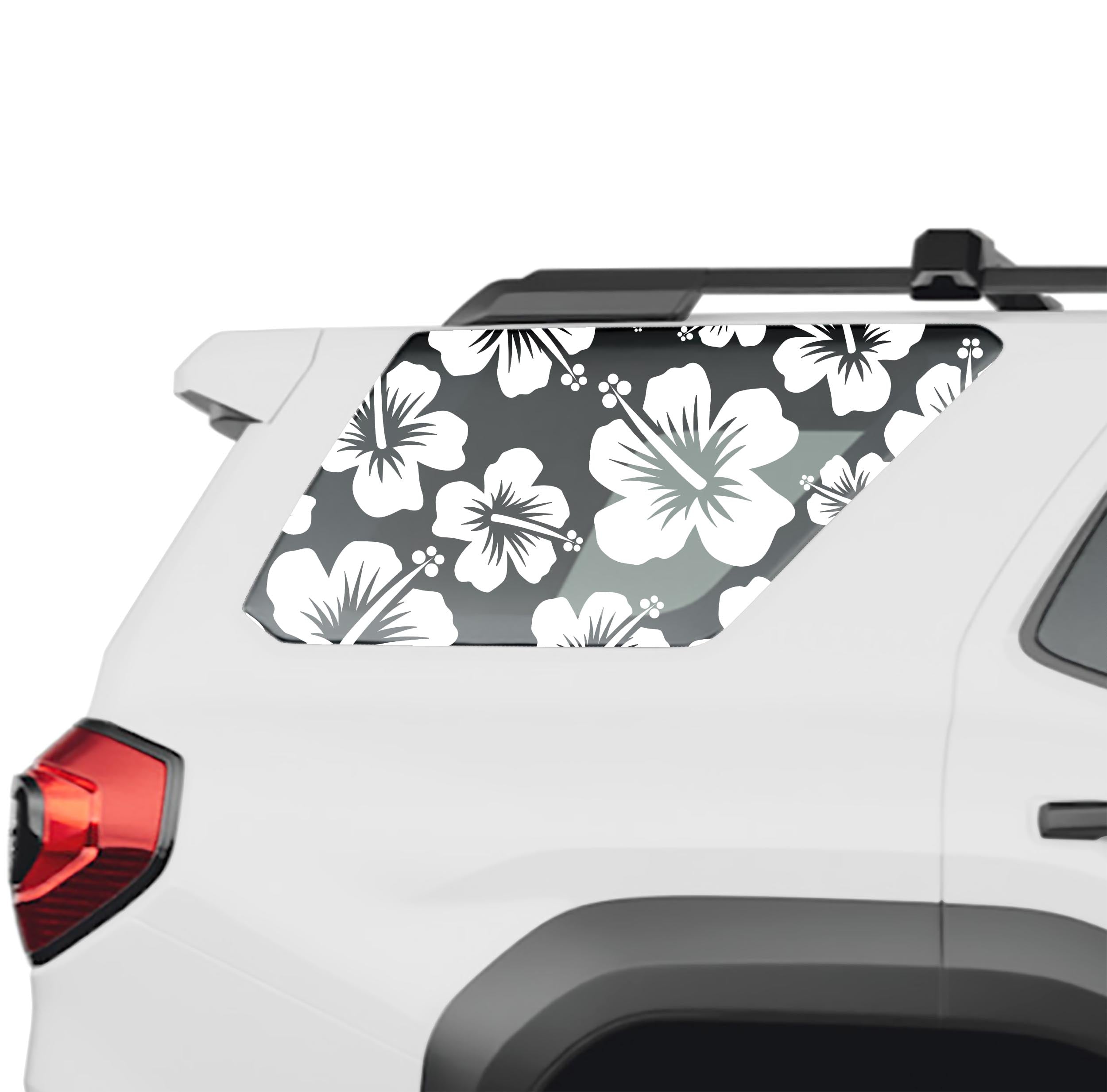 Hibiscus Hawaiian flower rear quarter window vinyl decal in white on a 2025 Toyota 4Runner