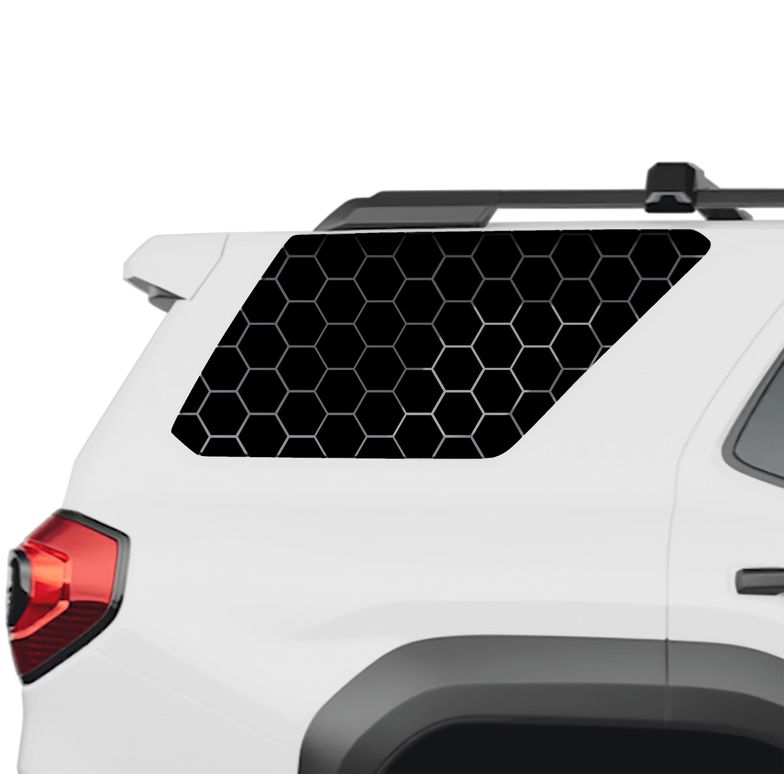 Honeycomb hex mesh rear quarter window vinyl decal in black on a 2025 Toyota 4Runner