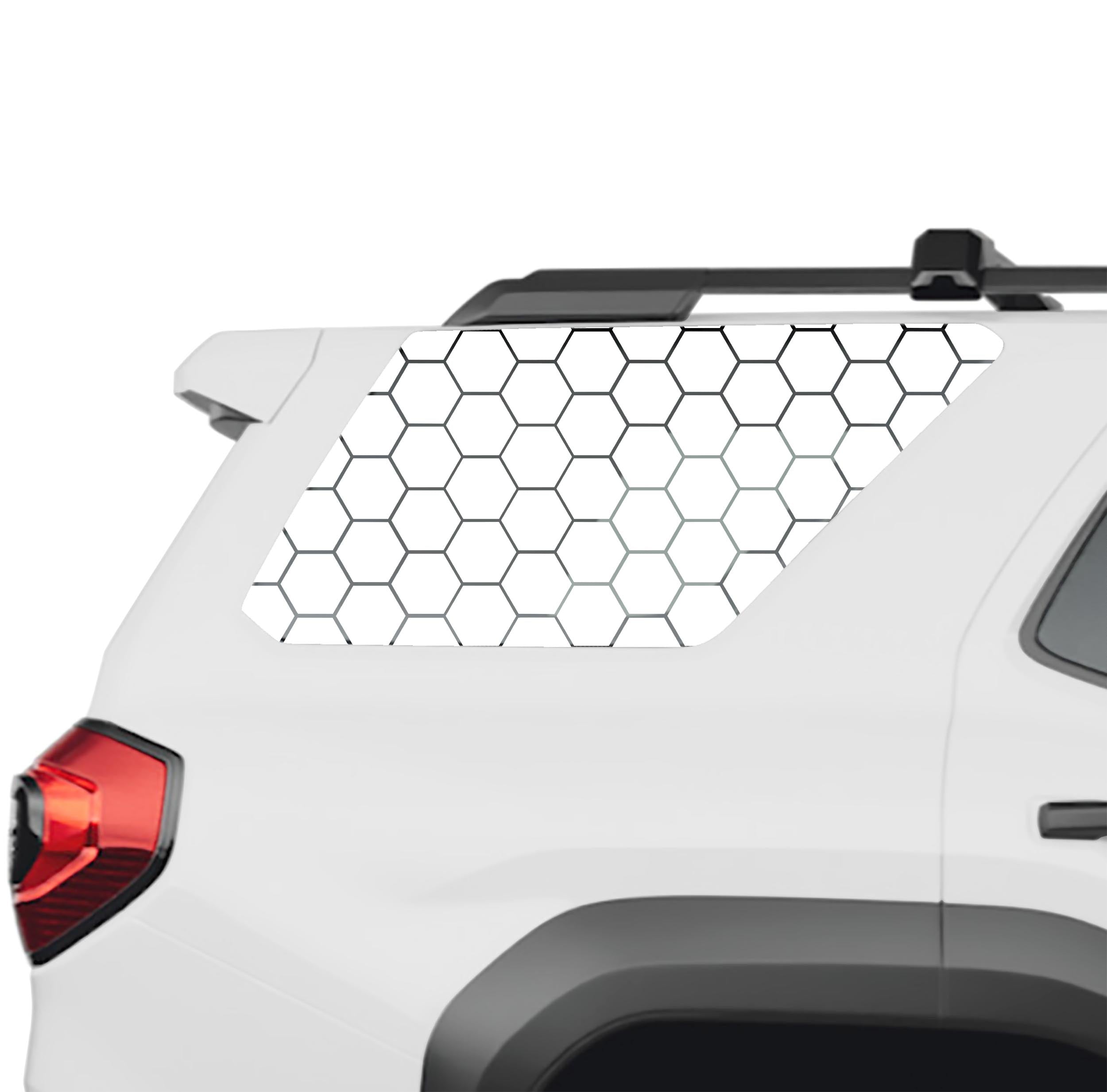 Honeycomb hex mesh rear quarter window vinyl decal in white on a 2025 Toyota 4Runner