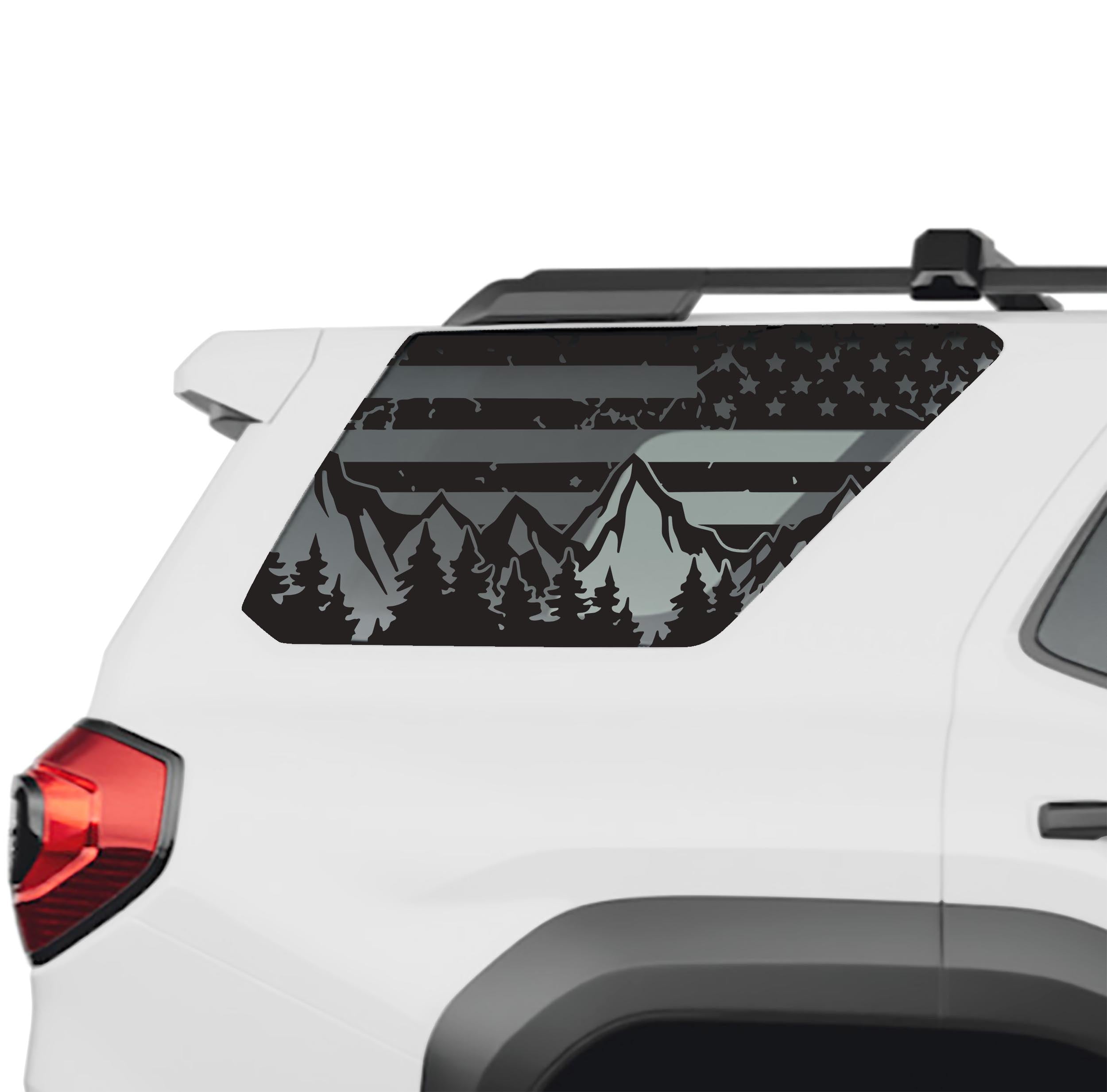Tattered American flag with mountain and tree line rear quarter window vinyl decal in black on a 2025 Toyota 4Runner