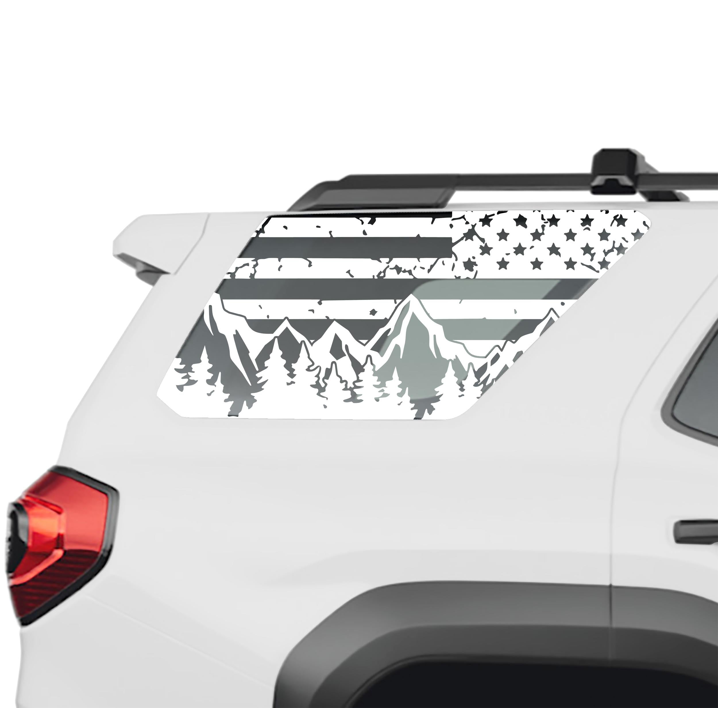 Tattered American flag with mountain and tree line rear quarter window vinyl decal in white on a 2025 Toyota 4Runner