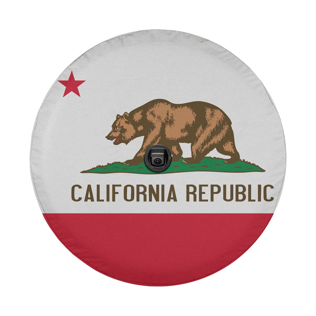 California Republic state flag spare tire cover on black Jeep Wrangler with Graffix plate showing Bear Flag design