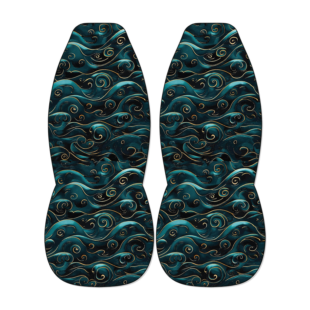 a pair of blue and gold patterned objects, which appear to be a pair of slippers or sandals.