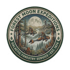 a circular emblem with a forest scene and two people riding on a vehicle, surrounded by trees and mountains.