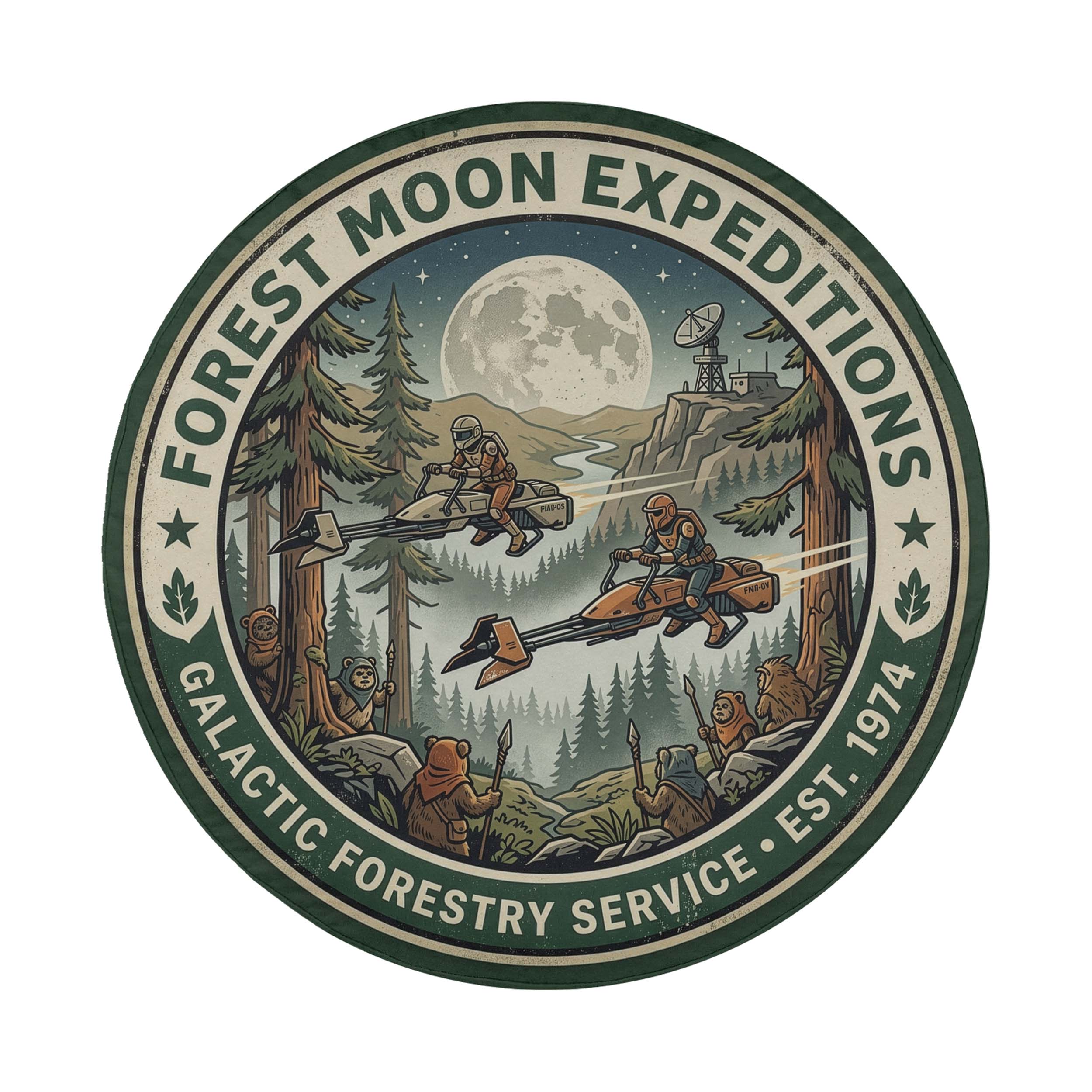 a circular emblem with a forest scene and two people riding on a vehicle, surrounded by trees and mountains.