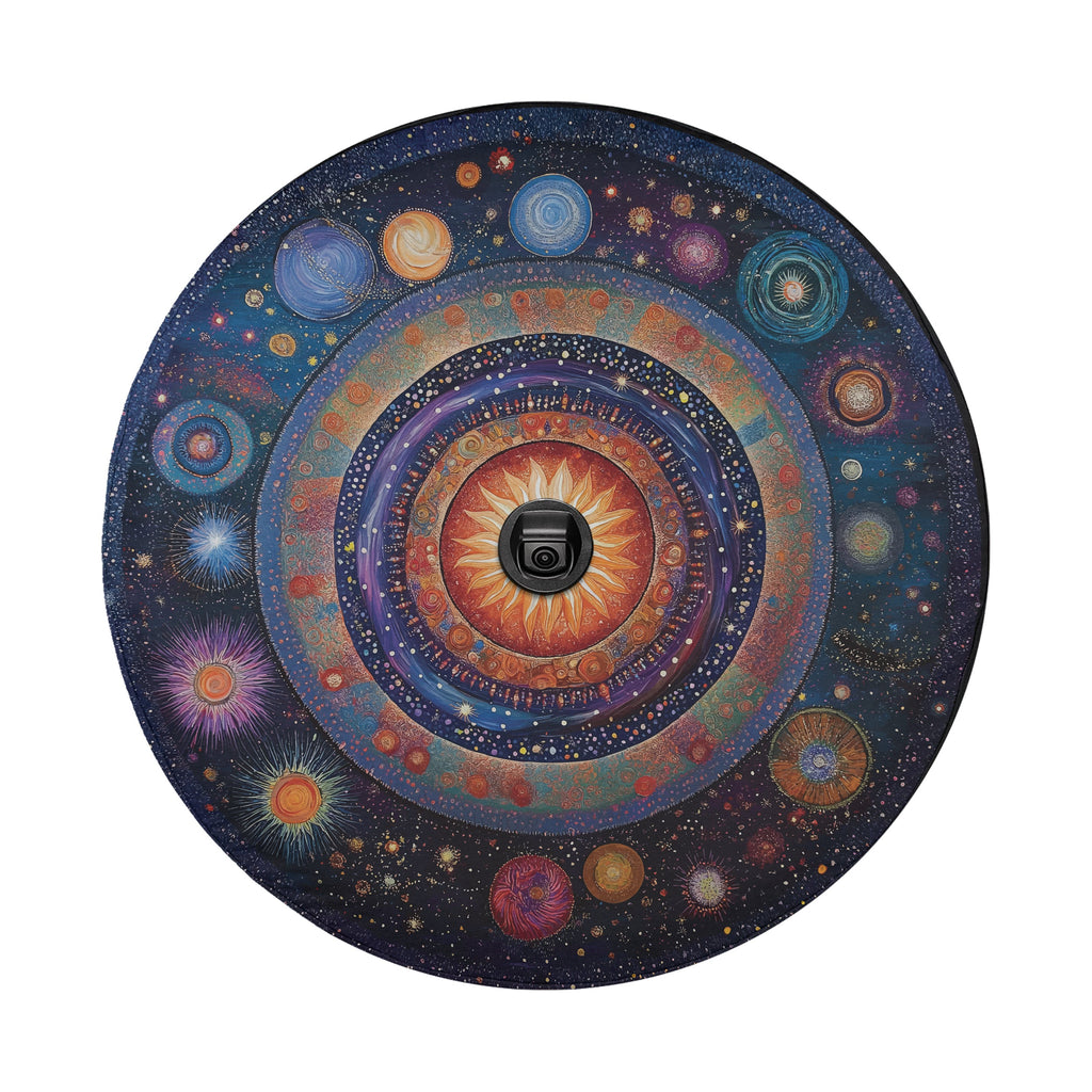 Detailed Galaxy Mandala tire cover with deep blue and purple cosmic geometric circular art