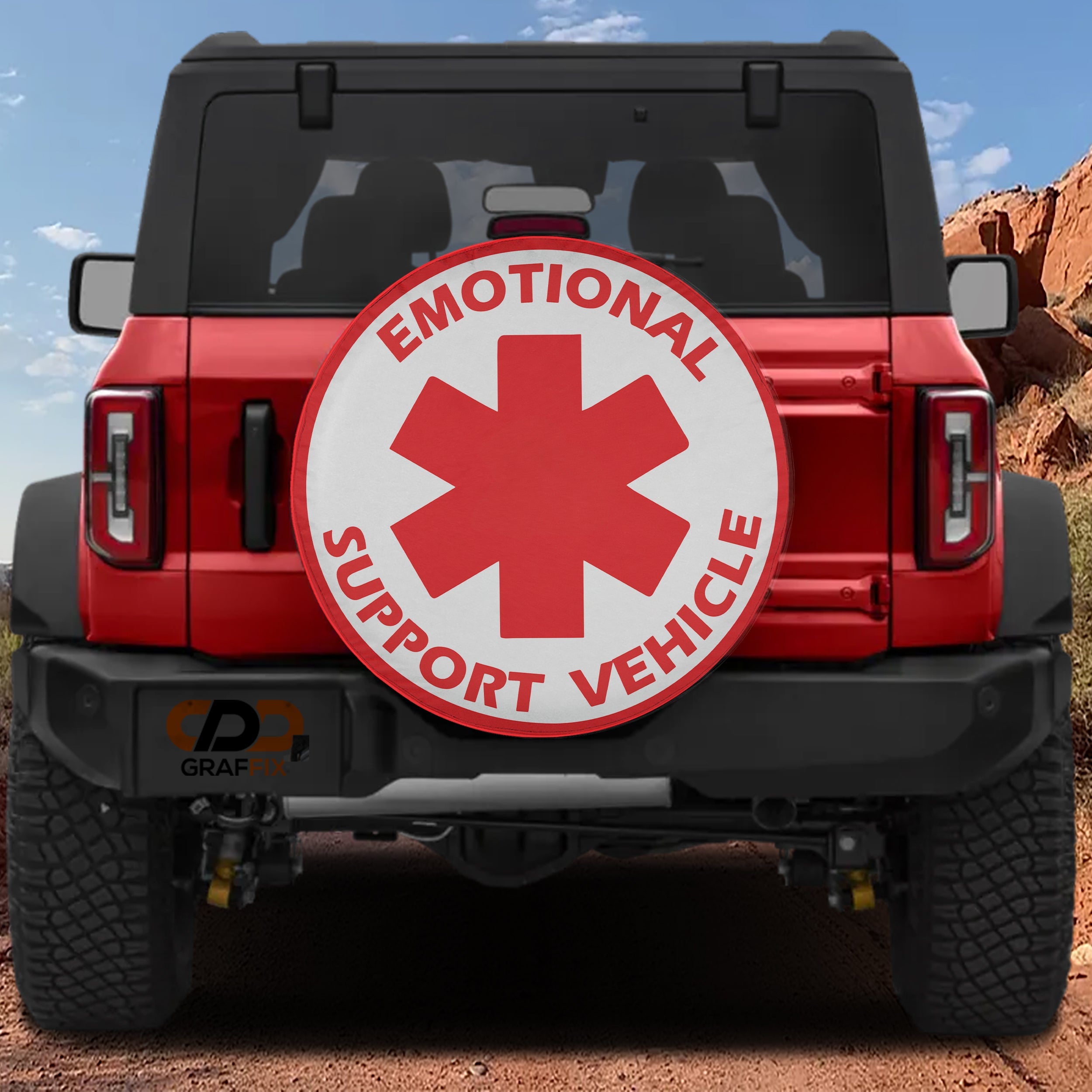 Emotional Support Vehicle spare tire cover with red star of life on red Bronco CDD GRAFFIX brand