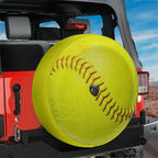 Yellow softball spare tire cover on red Bronco rear with realistic yellow softball graphic