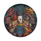 Flat round dragon ace mischief tire cover closeup with blue red yellow dragons gripping ace eight cards