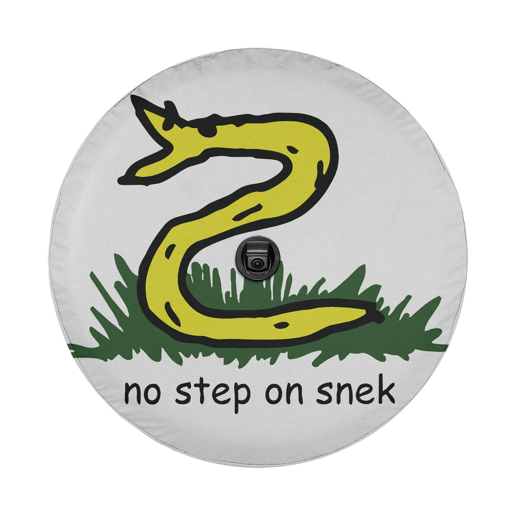 Black Jeep showing No Step On Snek spare tire cover with cartoon snake meme mounted on rear