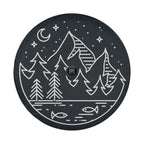 Midnight Pines spare tire cover view of hand-drawn mountains pines and lake fish design