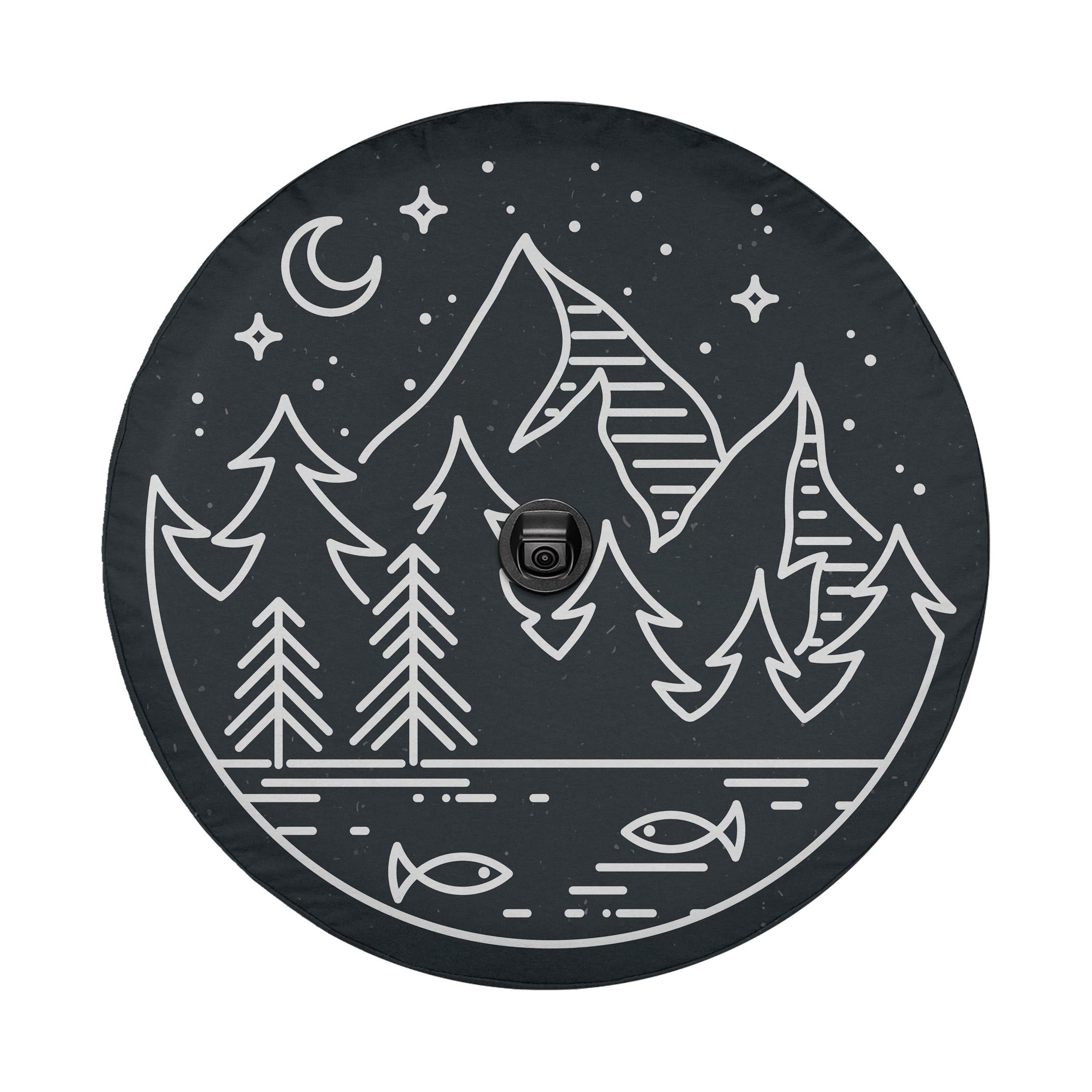 Midnight Pines spare tire cover view of hand-drawn mountains pines and lake fish design