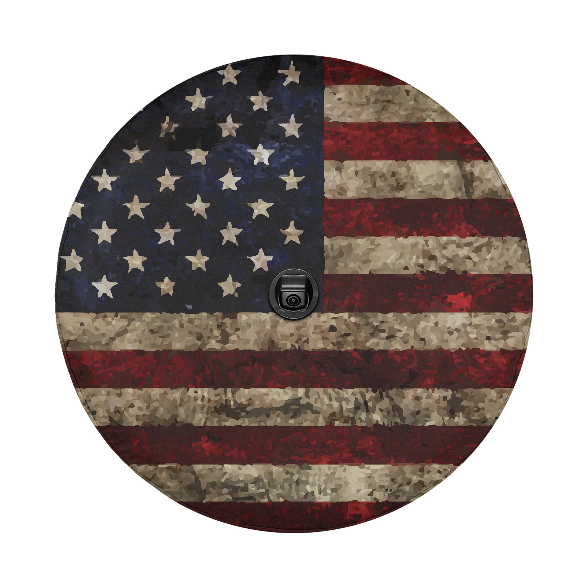 Rustic American Flag tire cover detail with distressed black border and weathered patriotic look