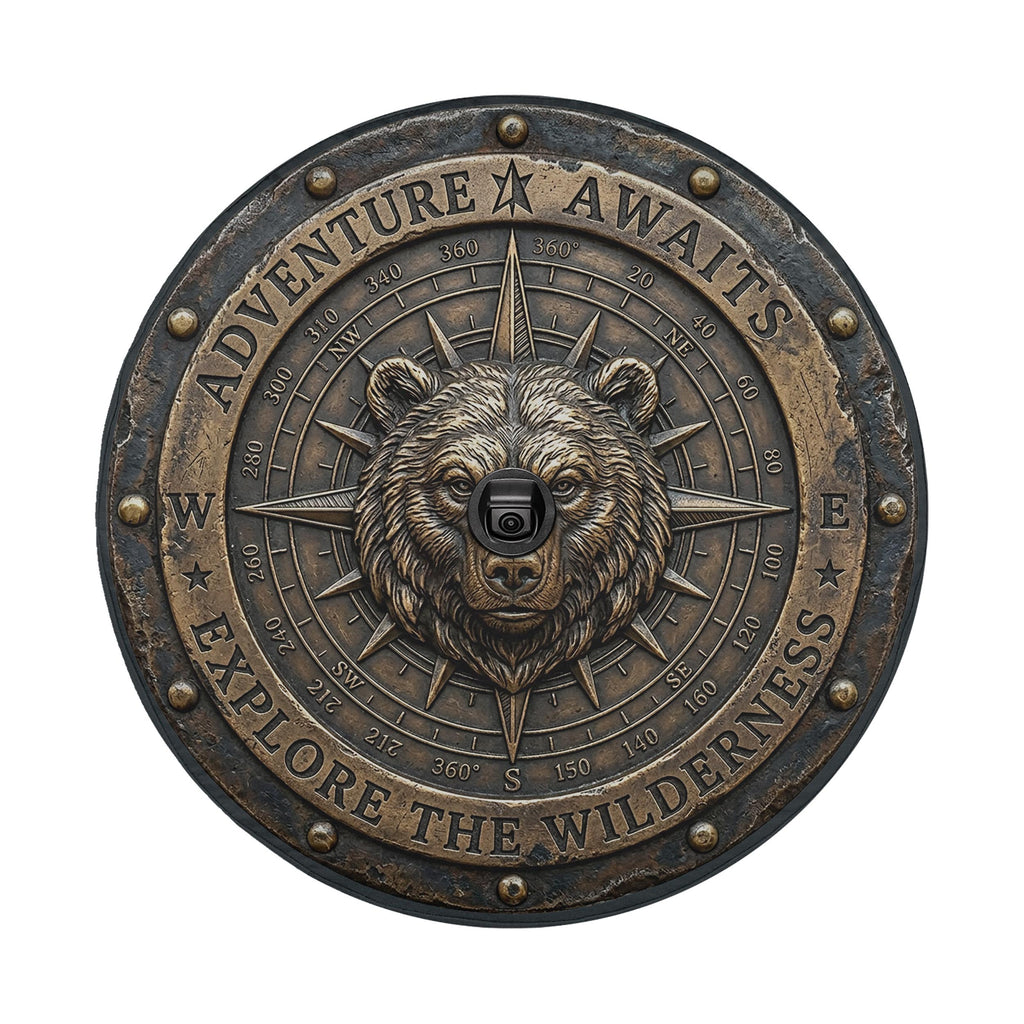 a metal compass with a bear's head at the center, surrounded by the words "Adventure Awaits" and "Exploration the Wilderness".