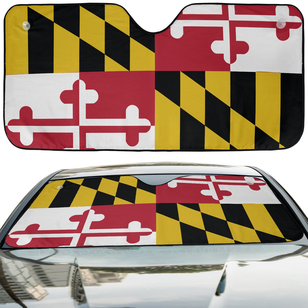 Maryland State Flag accordion sunshade installed in a sedan windshield on a sunny urban city street view