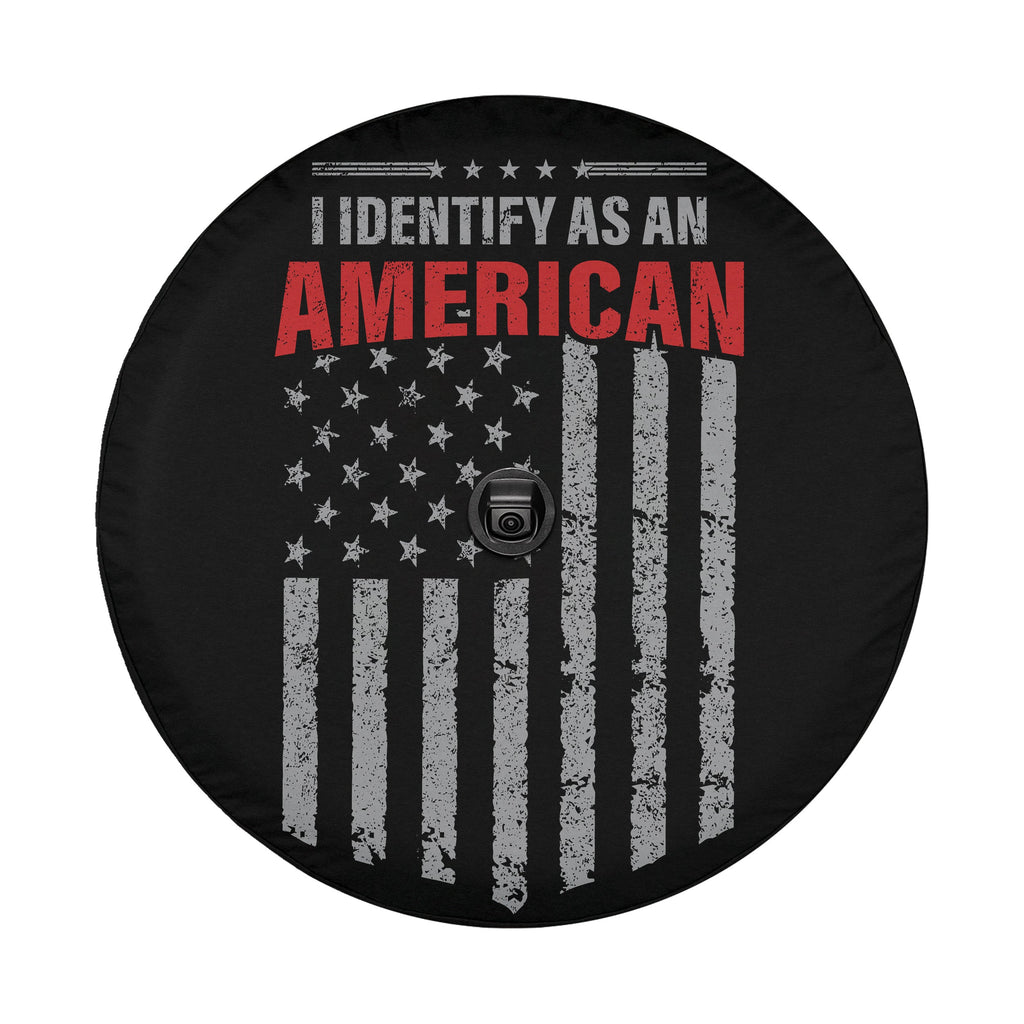 I Identify As American spare tire cover on red Jeep Wrangler with worn American flag patriotic art