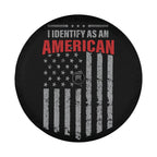 I Identify As American spare tire cover on red Jeep Wrangler with worn American flag patriotic art